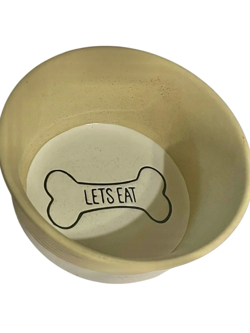 Top Paw Two Tone Ceramic Pet Bowl Gold/Cream “Lets Eat” Bone in Bottom 6” x 3”